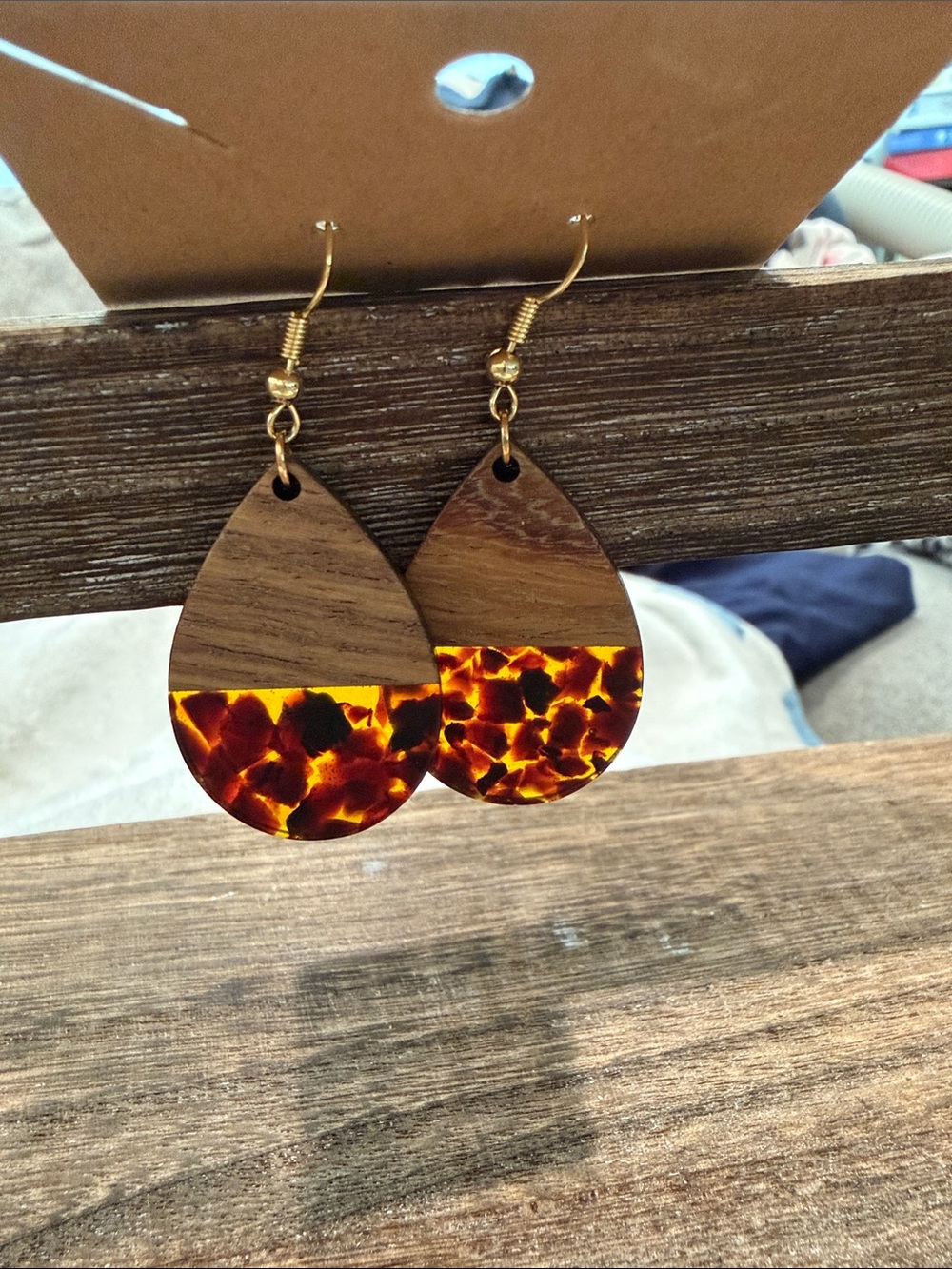 Tortoiseshell Resin & Wood Teardrop Earrings - Brown